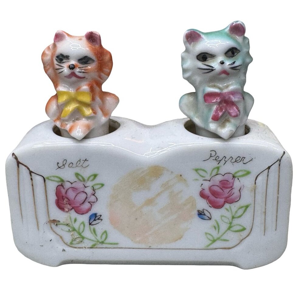 Vintage Porcelain G Nov Japan Knodder Cat Salt Pepper Shaker Set Anthropomorphic